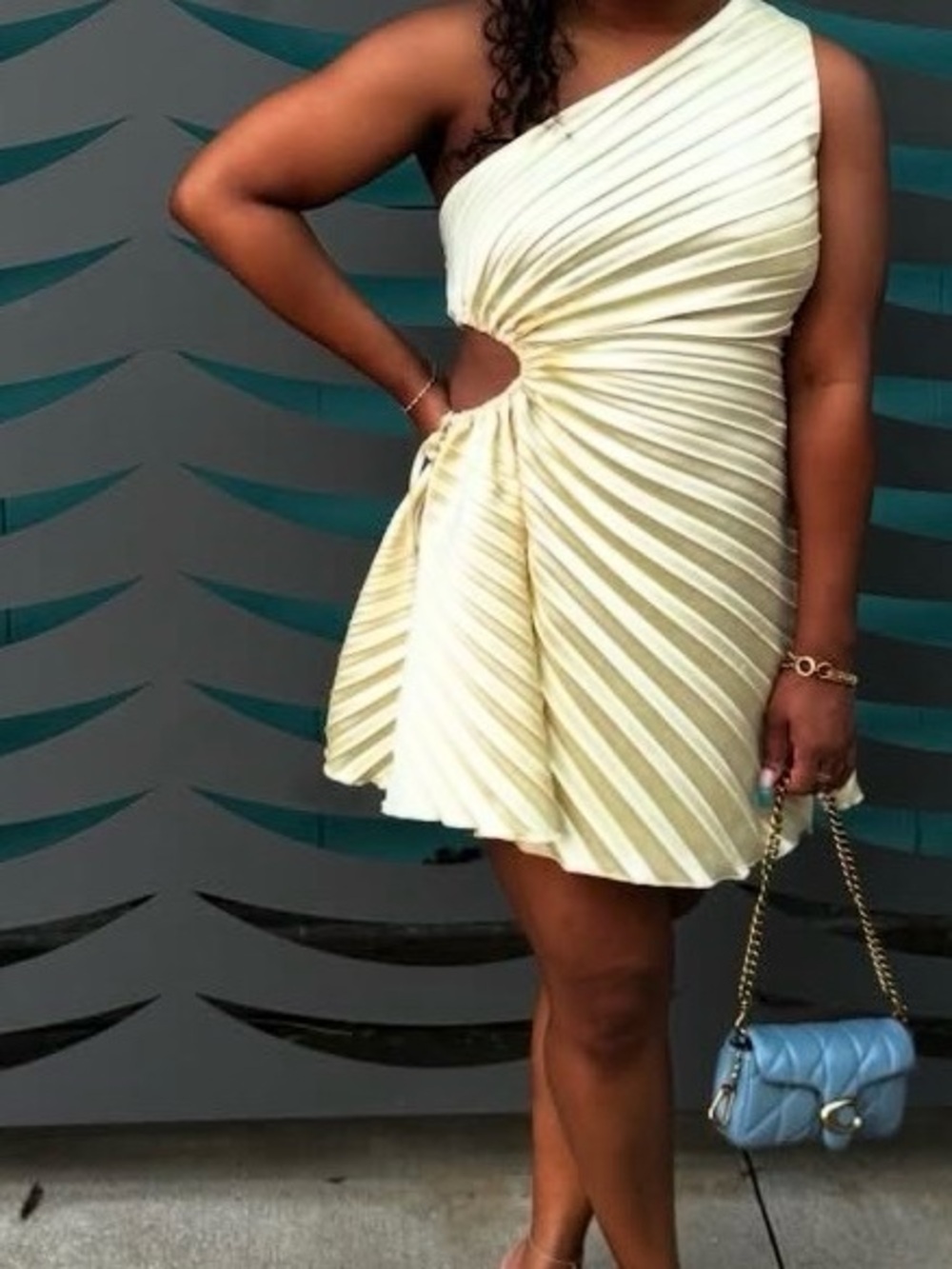 American Threads One-Shoulder Pleated Satin Mini Dress in Cream